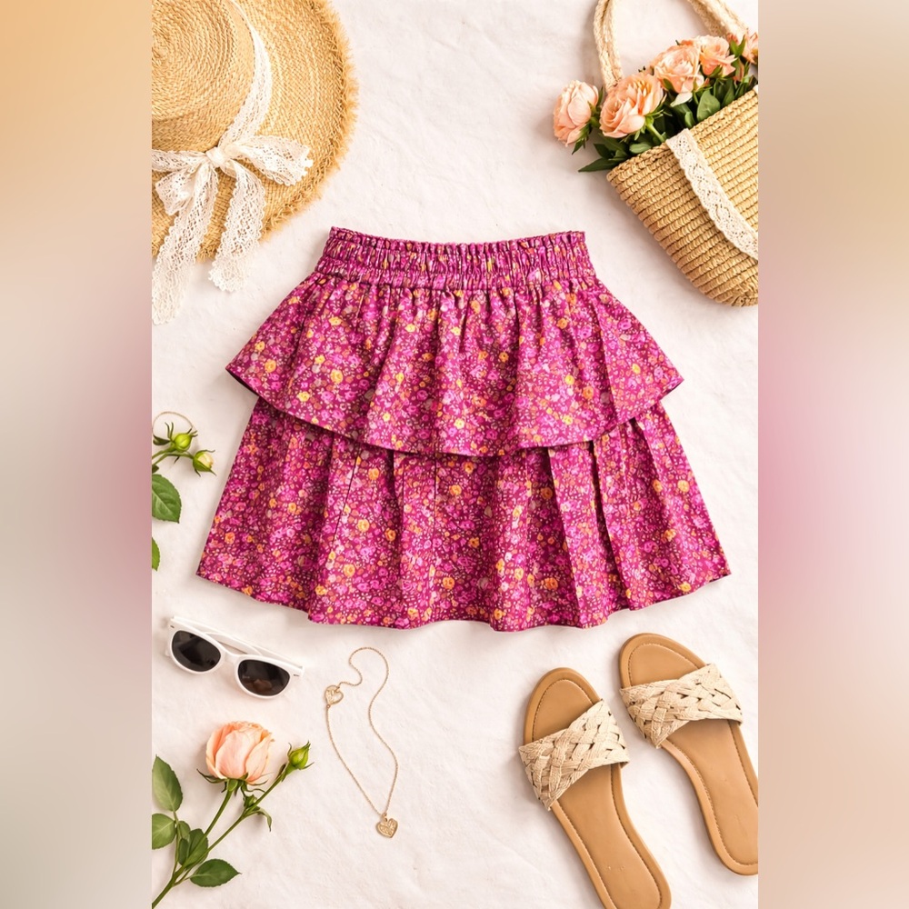 LoveShackFancy Pink Floral Tiered Ruffle Mini Skirt Cottagecore Romantic Size M